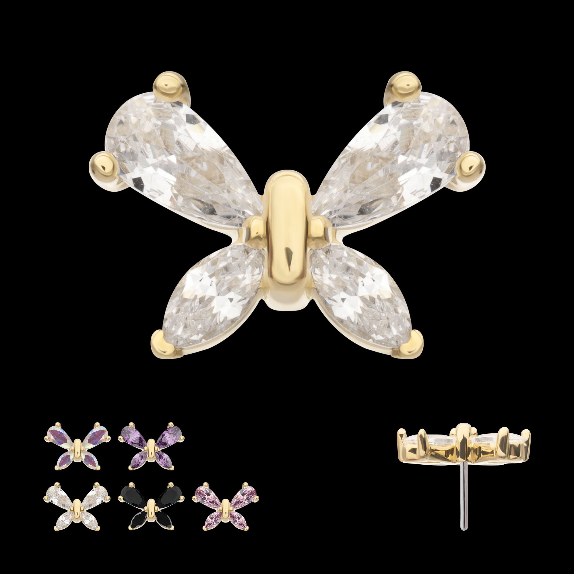 Butterfly with Prong Set Teardrop & Marquise Gem Flatback Stud Earring / Nosering - Gem in 14Kt Yellow Gold