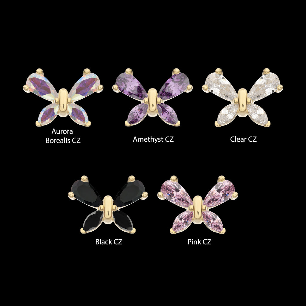 Butterfly with Prong Set Teardrop & Marquise Gem Flatback Stud Earring / Nosering - Gem in 14Kt Yellow Gold