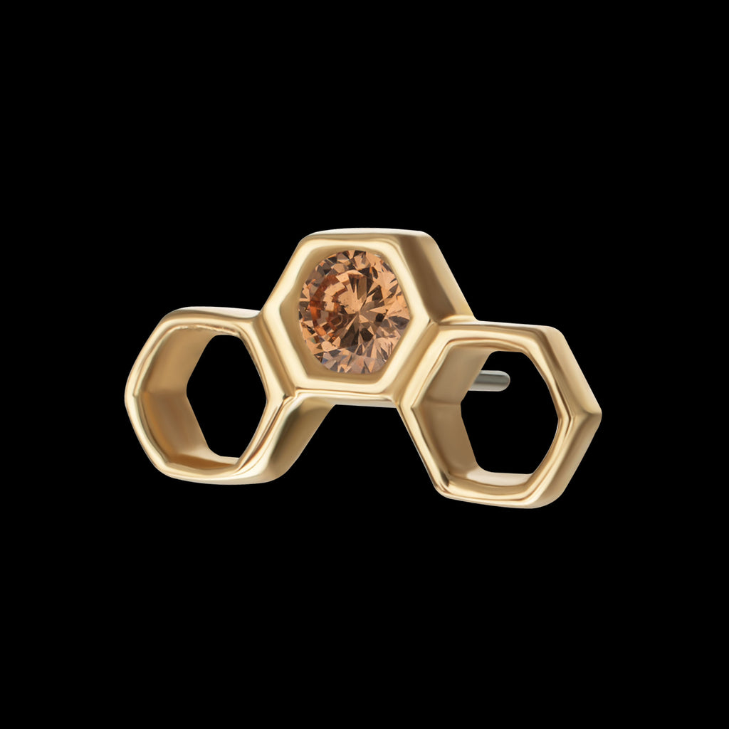 Bezel Gem Hollow Out Honeycomb Flatback Stud Earring / Nosering - Gem in 14Kt Yellow Gold