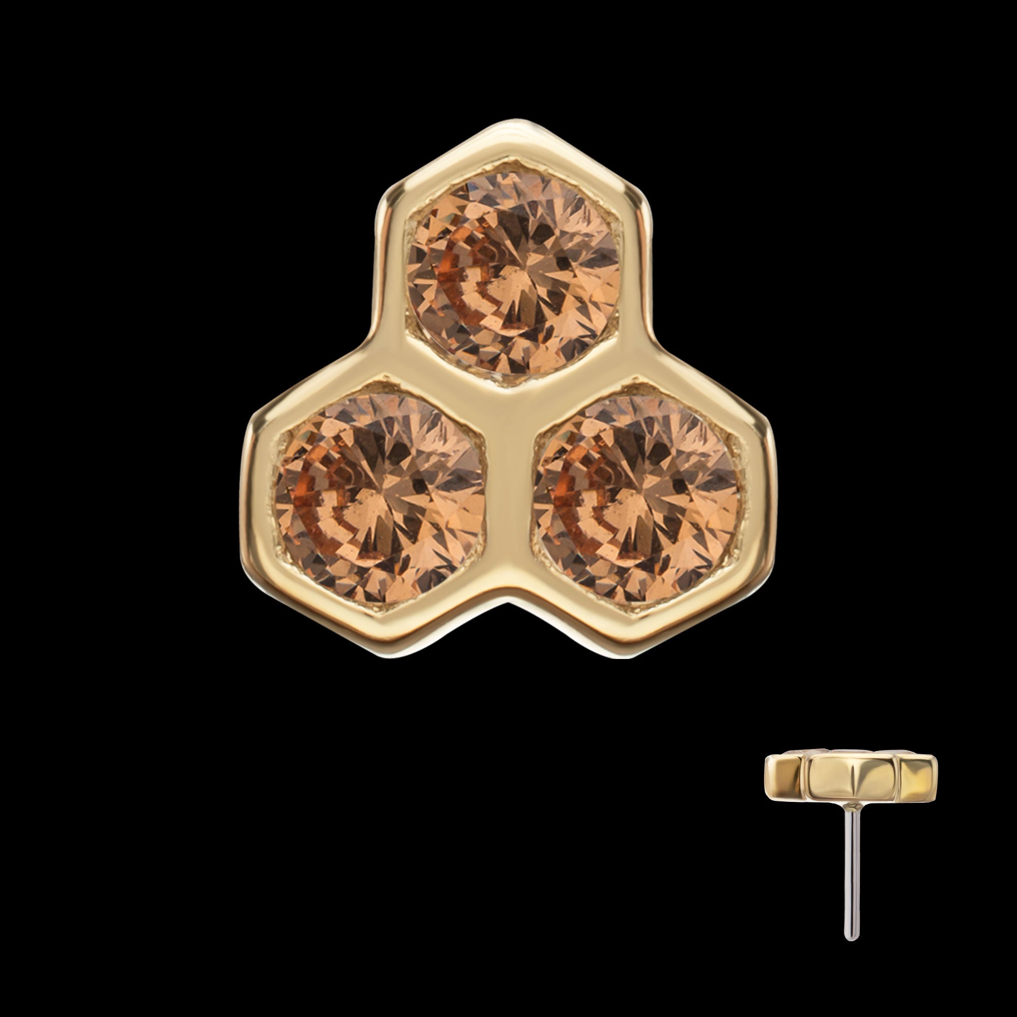 Bezel Gem Triple Honeycomb Flatback Stud Earring / Nosering - Gem in 14Kt Yellow Gold