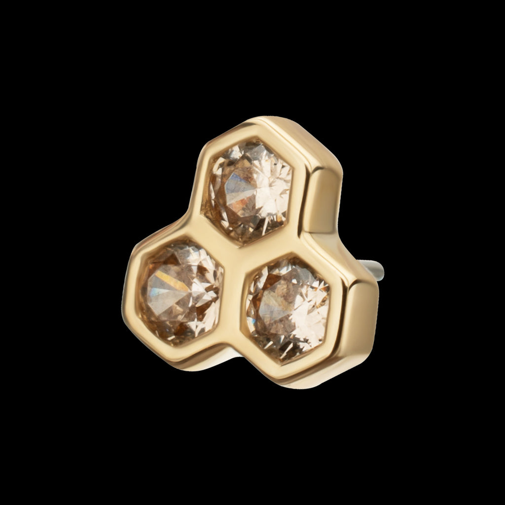 Bezel Gem Triple Honeycomb Flatback Stud Earring / Nosering - Gem in 14Kt Yellow Gold