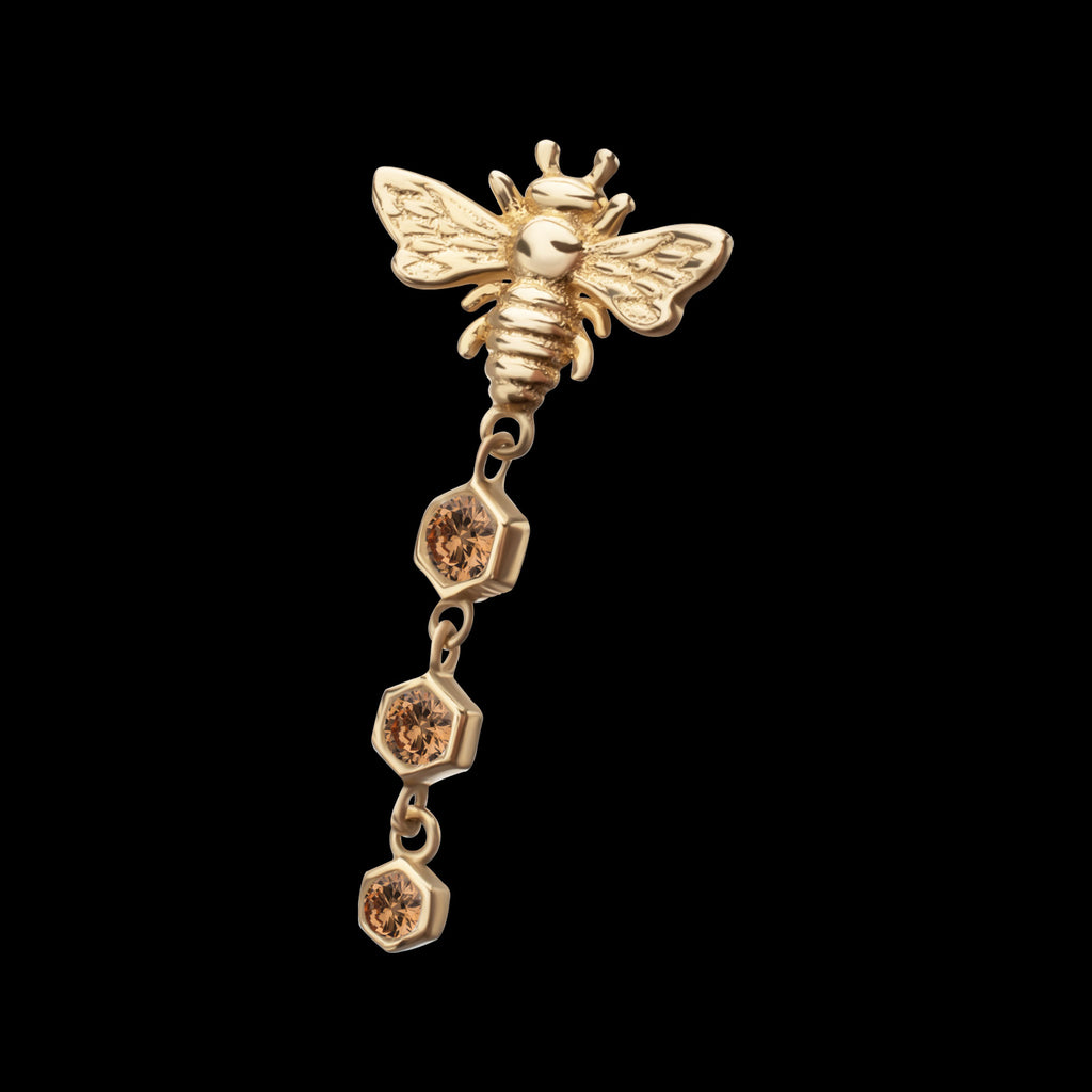 Bee with Triple Bezel Set Hexagon Gem Dangle Flatback Stud Earring / Nosering - Gem in 14Kt Yellow Gold