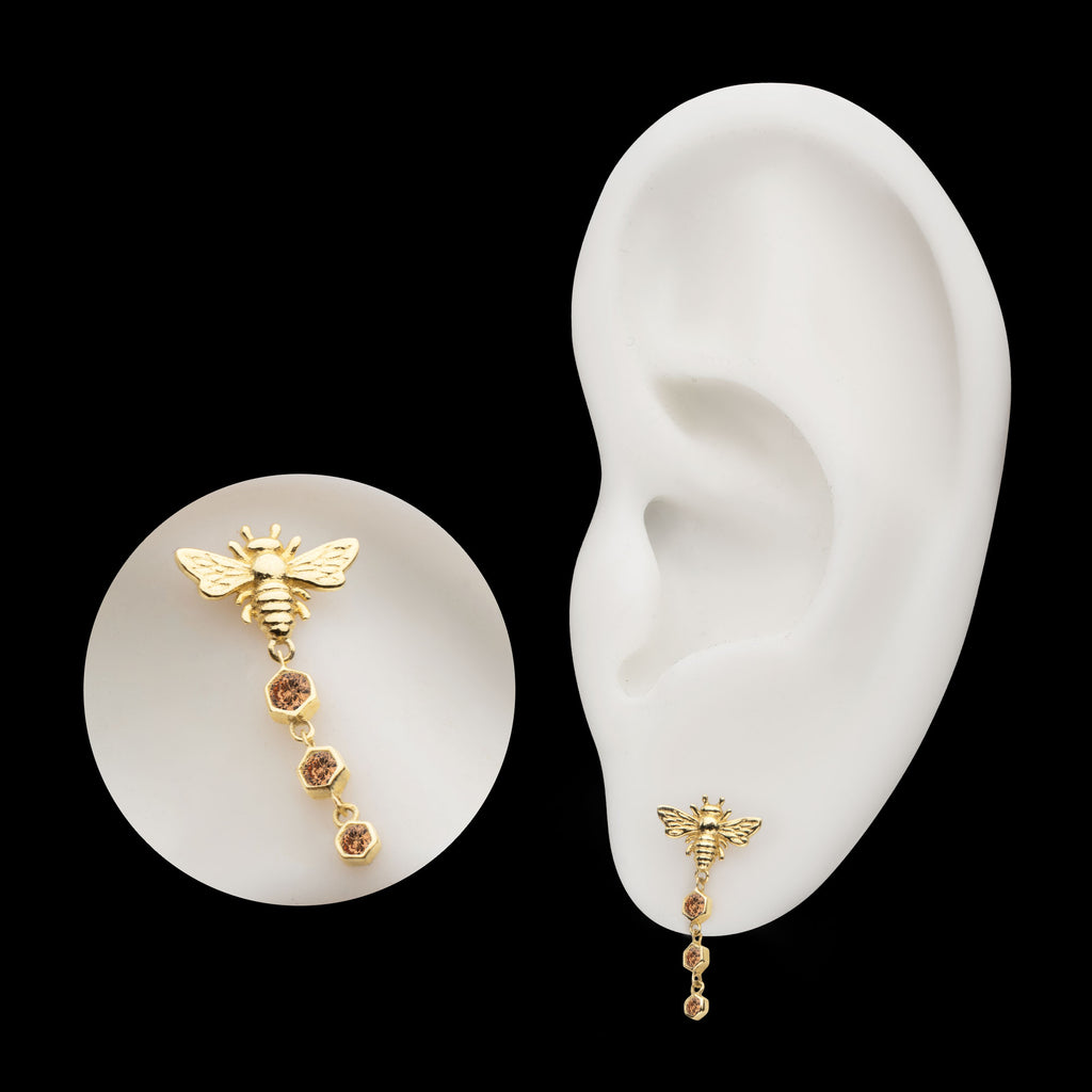 Bee with Triple Bezel Set Hexagon Gem Dangle Flatback Stud Earring / Nosering - Gem in 14Kt Yellow Gold