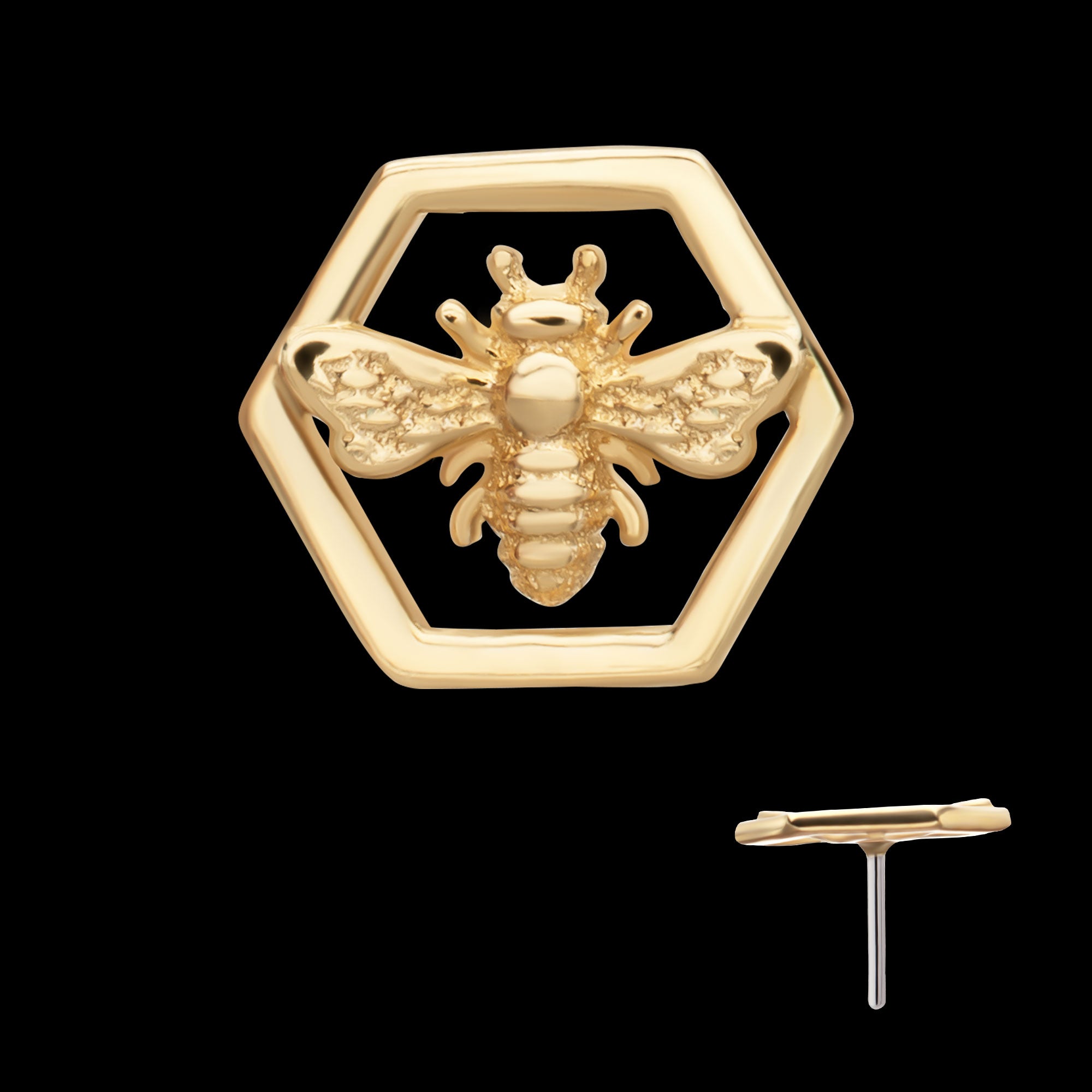 Hexagon Bee Flatback Stud Earring / Nosering - 14Kt Yellow Gold