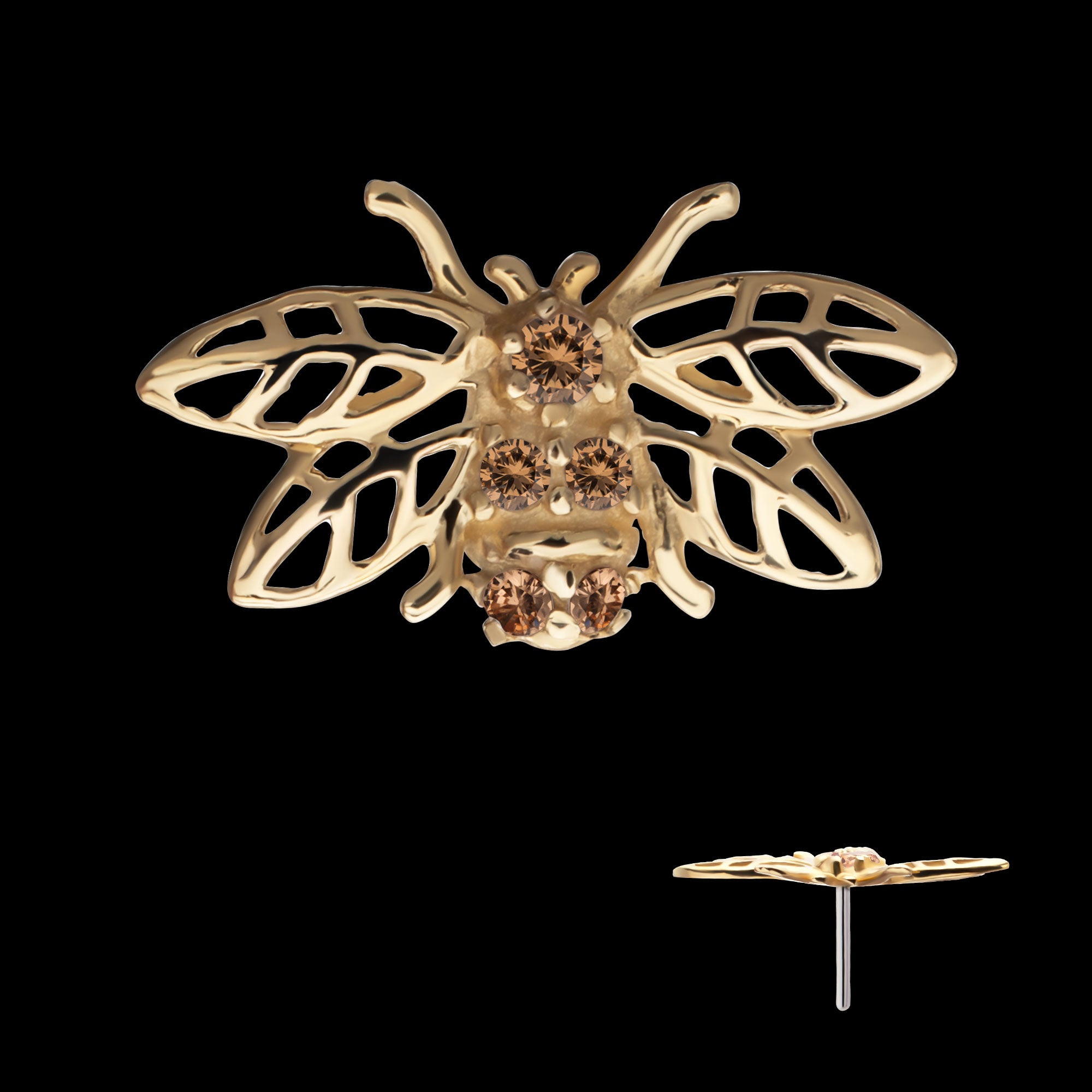 Prong Set Gem Hollow Cut Bee Flatback Stud Earring / Nosering - Gem in 14Kt Yellow Gold