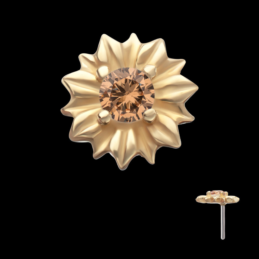 Prong Set Gem Sunflower Flatback Stud Earring / Nosering - Gem in 14Kt Yellow Gold