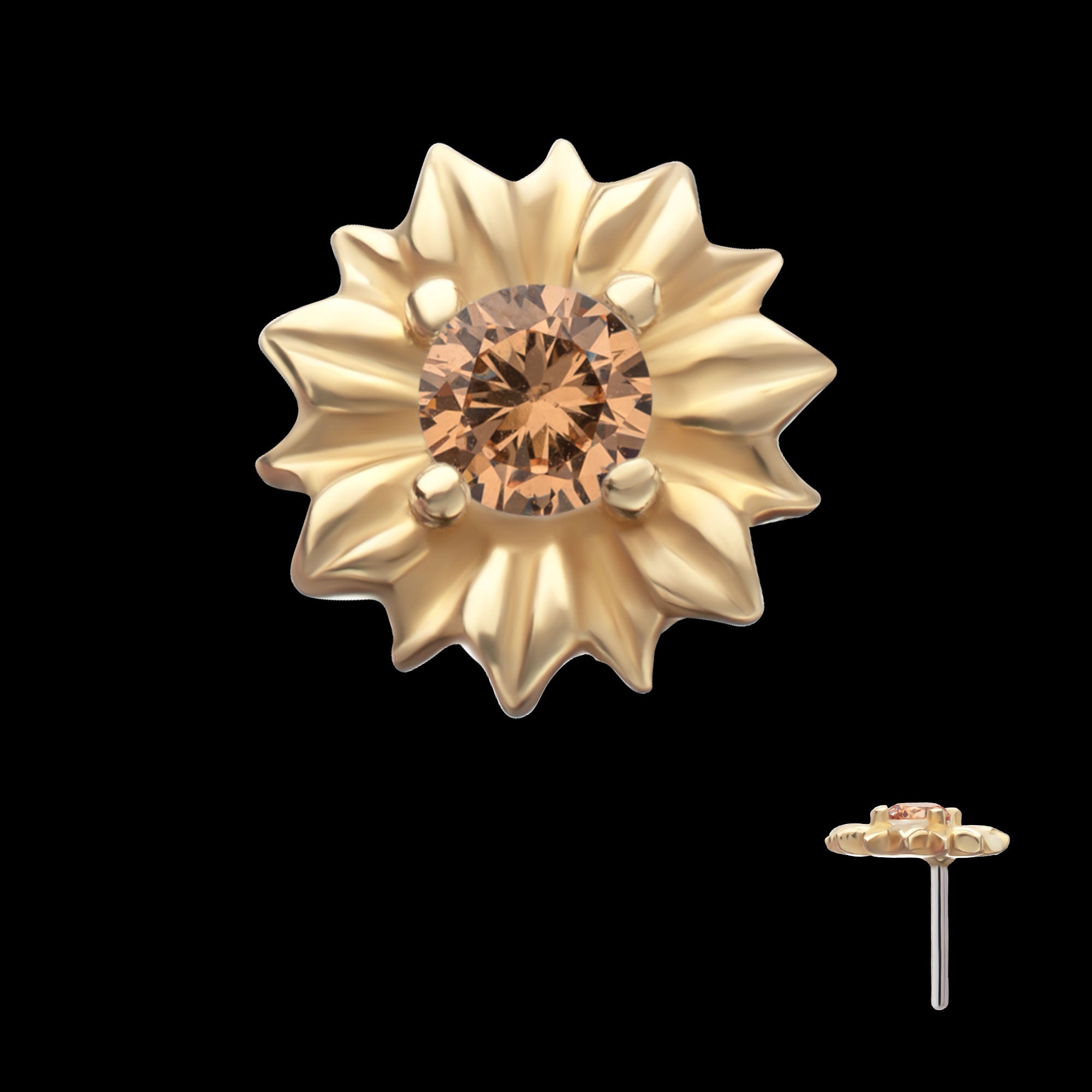 Prong Set Gem Sunflower Flatback Stud Earring / Nosering - Gem in 14Kt Yellow Gold
