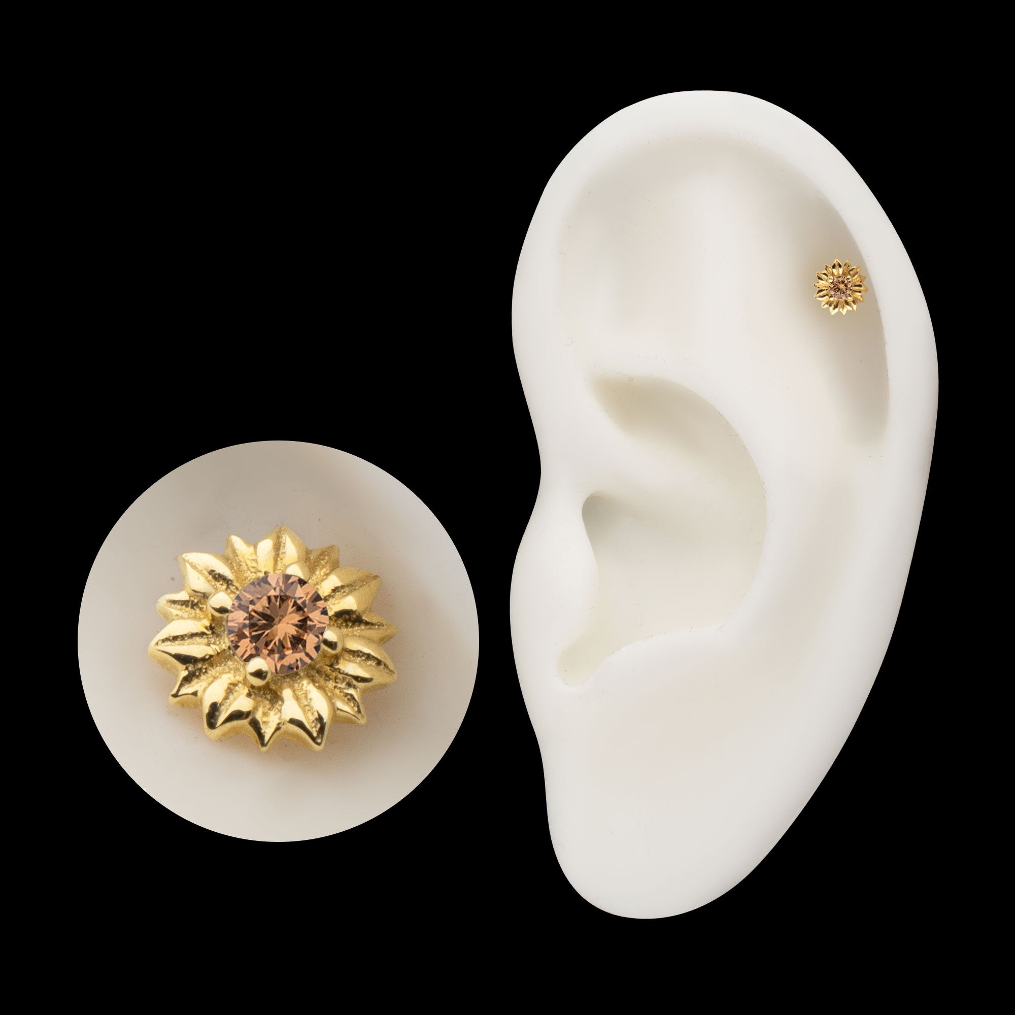 Prong Set Gem Sunflower Flatback Stud Earring / Nosering - Gem in 14Kt Yellow Gold