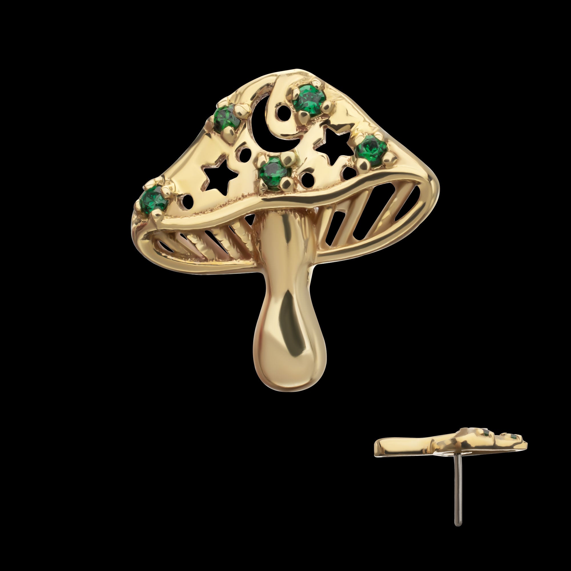 Prong Set Emerald Gem Mystic Mushroom Flatback Stud Earring / Nosering - Gem in 14Kt Yellow Gold