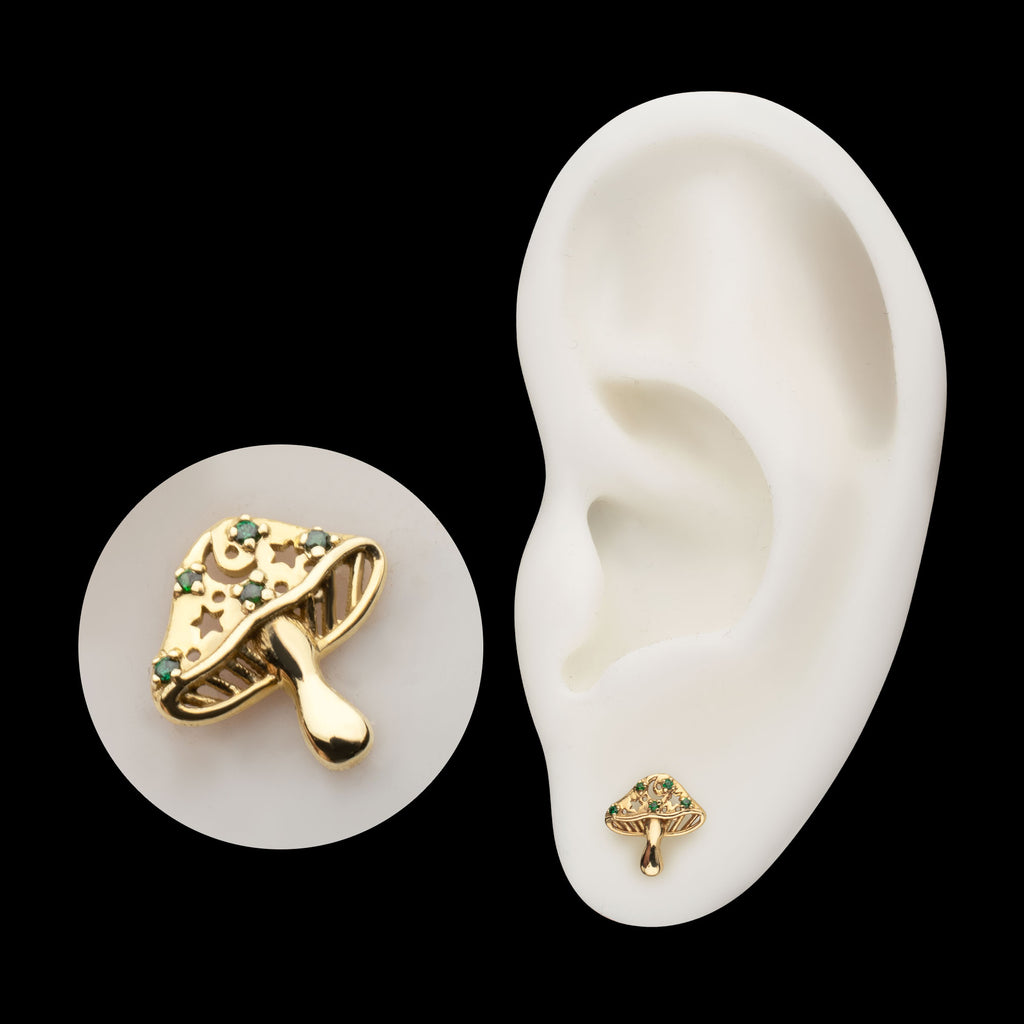 Prong Set Emerald Gem Mystic Mushroom Flatback Stud Earring / Nosering - Gem in 14Kt Yellow Gold