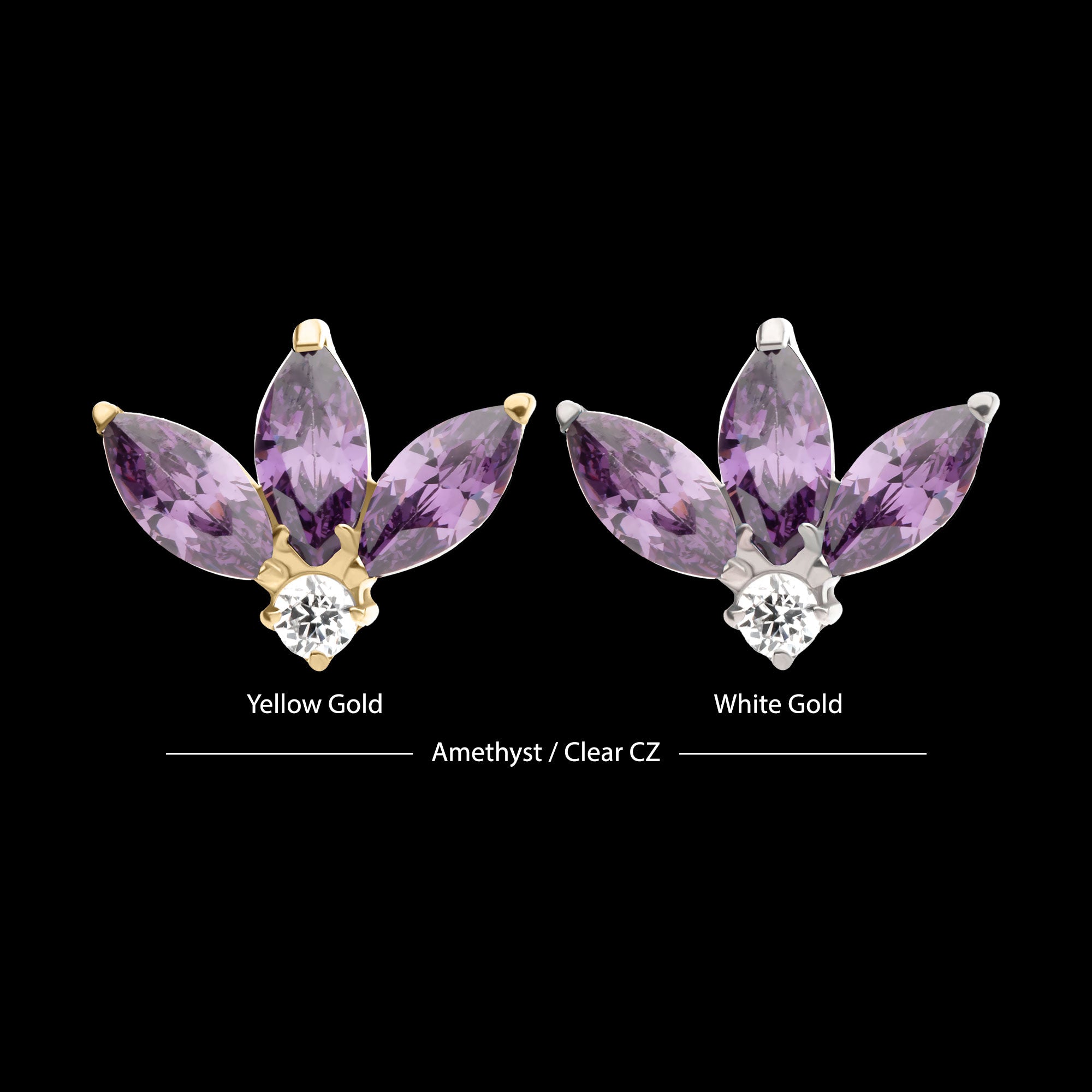 3 Marquise Prong Set Gem Cluster Flatback Stud Earring / Nosering - Gem in 14Kt Gold