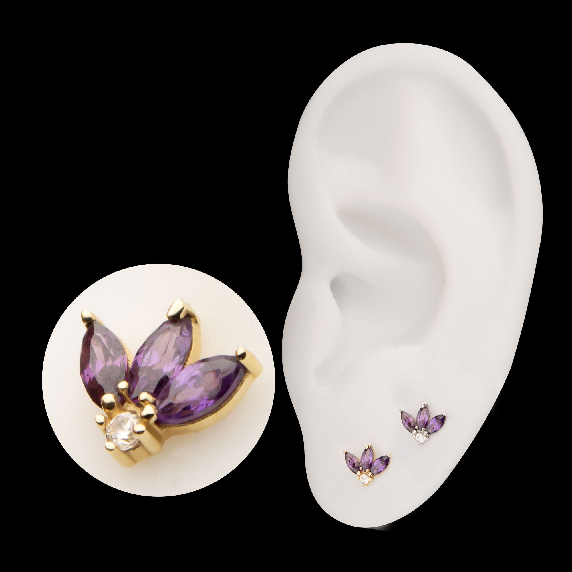 3 Marquise Prong Set Gem Cluster Flatback Stud Earring / Nosering - Gem in 14Kt Gold