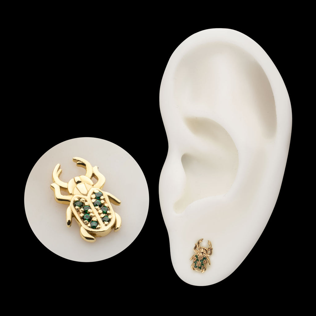 Paved Gem Bettle Guardian Flatback Stud Earring / Nosering - Gem in 14Kt Yellow Gold