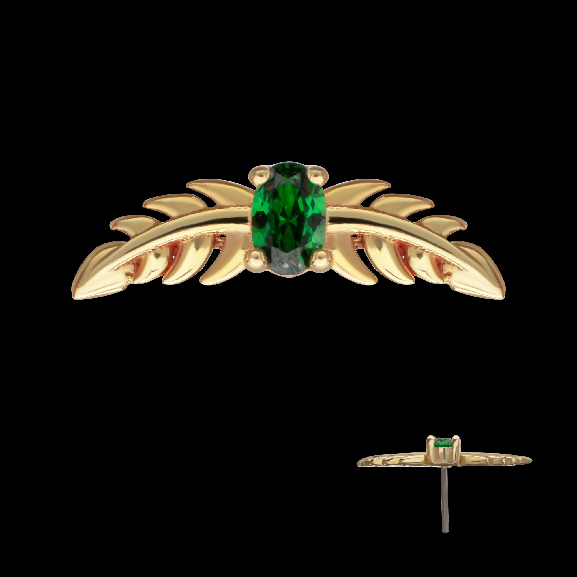 Prong Set Emerald Gem Two Sculpted Leaves Flatback Stud Earring / Nosering - Gem in 14Kt Yellow Gold