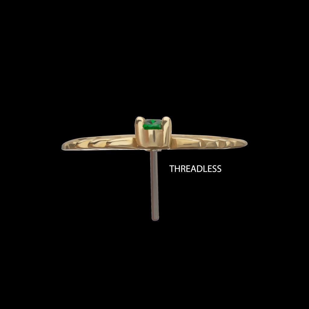 Prong Set Emerald Gem Two Sculpted Leaves Flatback Stud Earring / Nosering - Gem in 14Kt Yellow Gold