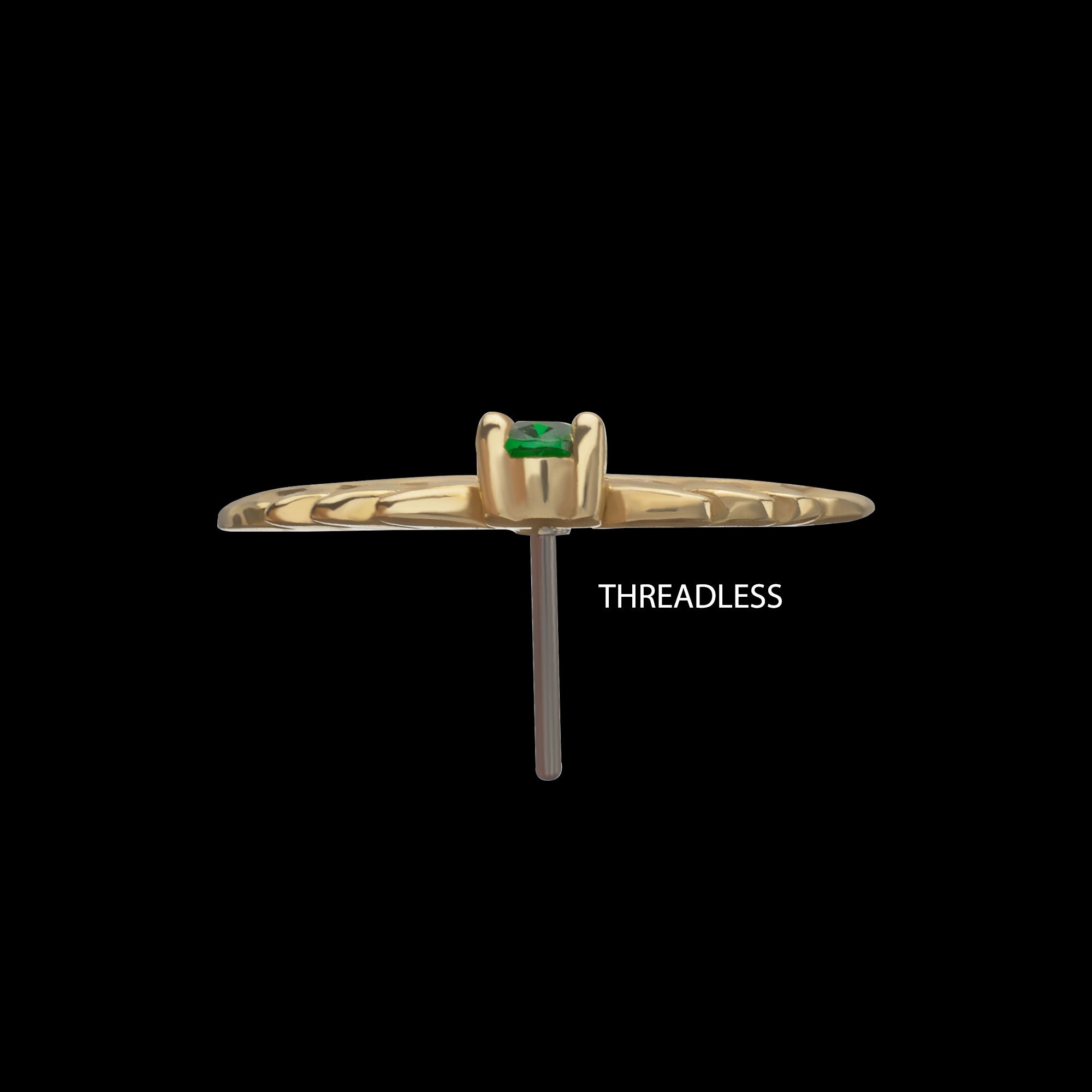 Prong Set Emerald Gem Two Sculpted Leaves Flatback Stud Earring / Nosering - Gem in 14Kt Yellow Gold