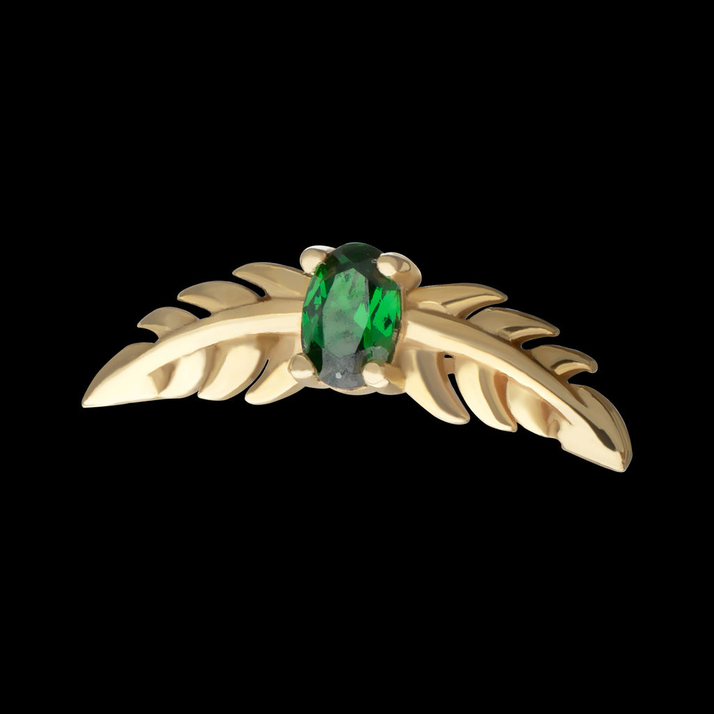 Prong Set Emerald Gem Two Sculpted Leaves Flatback Stud Earring / Nosering - Gem in 14Kt Yellow Gold