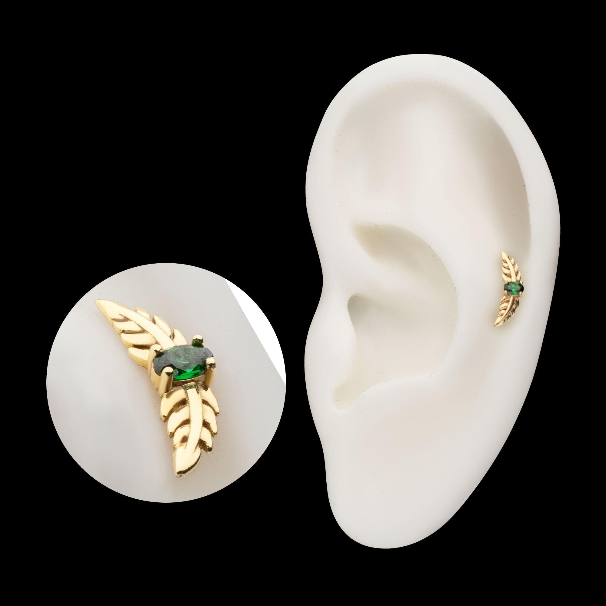 Prong Set Emerald Gem Two Sculpted Leaves Flatback Stud Earring / Nosering - Gem in 14Kt Yellow Gold