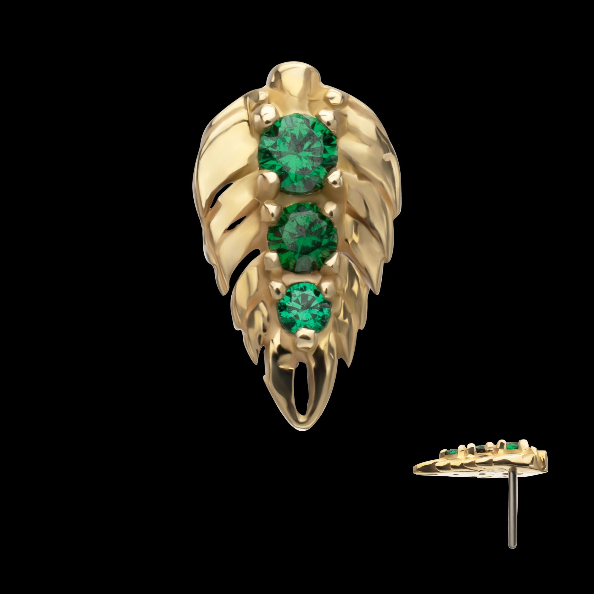 Prong Set Emerald Gem Grove Leaf Flatback Stud Earring / Nosering - Gem in 14Kt Yellow Gold