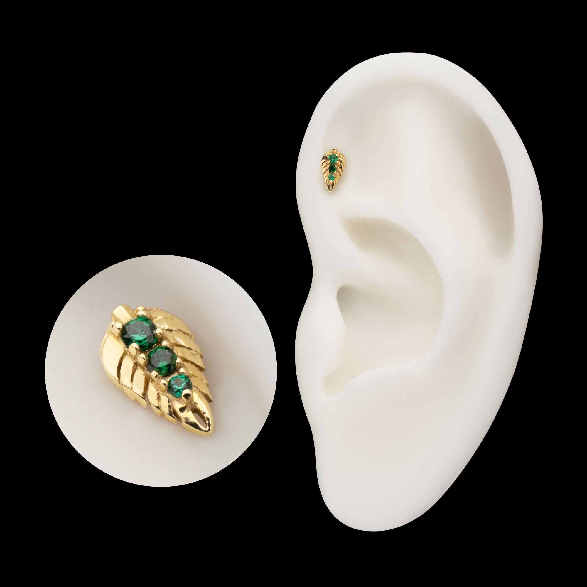 Prong Set Emerald Gem Grove Leaf Flatback Stud Earring / Nosering - Gem in 14Kt Yellow Gold