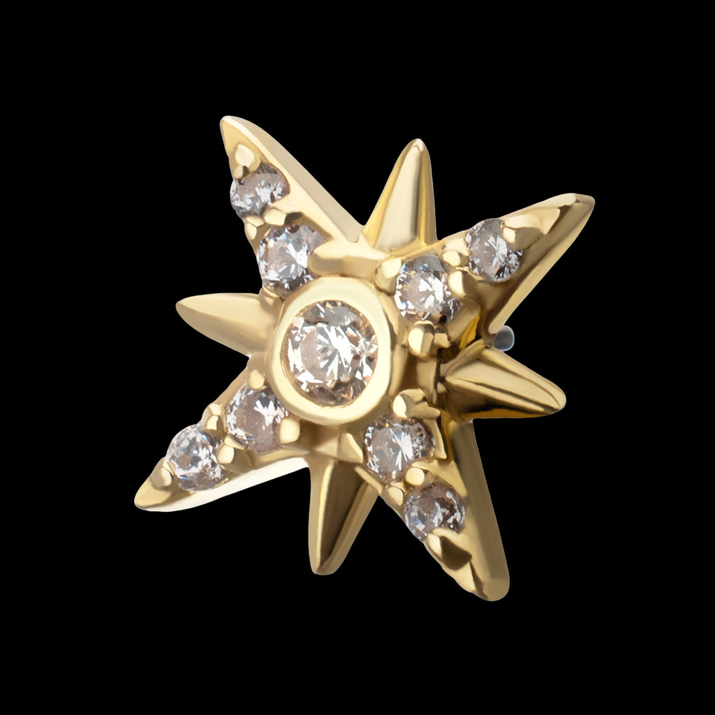 Paved Gem Starburst Flatback Stud Earring / Nosering - Gem in 14Kt Yellow Gold