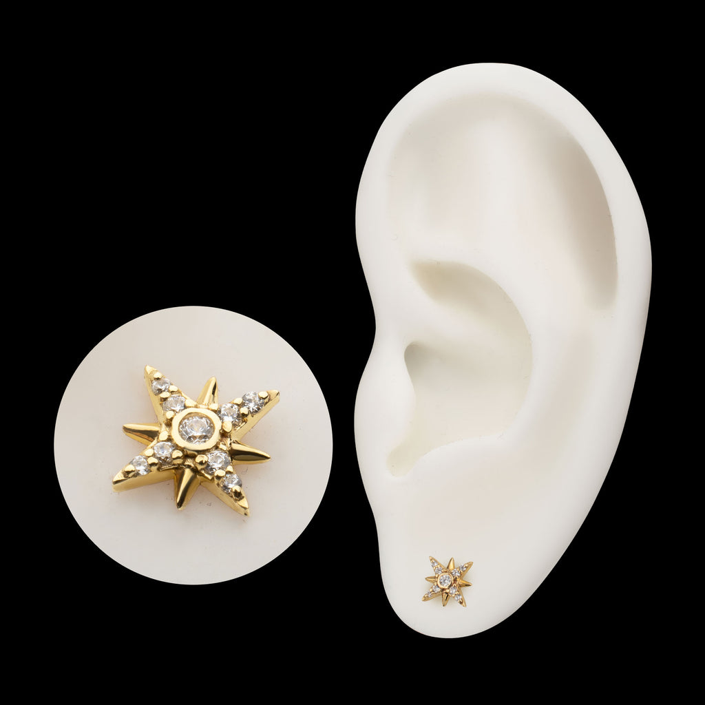 Paved Gem Starburst Flatback Stud Earring / Nosering - Gem in 14Kt Yellow Gold