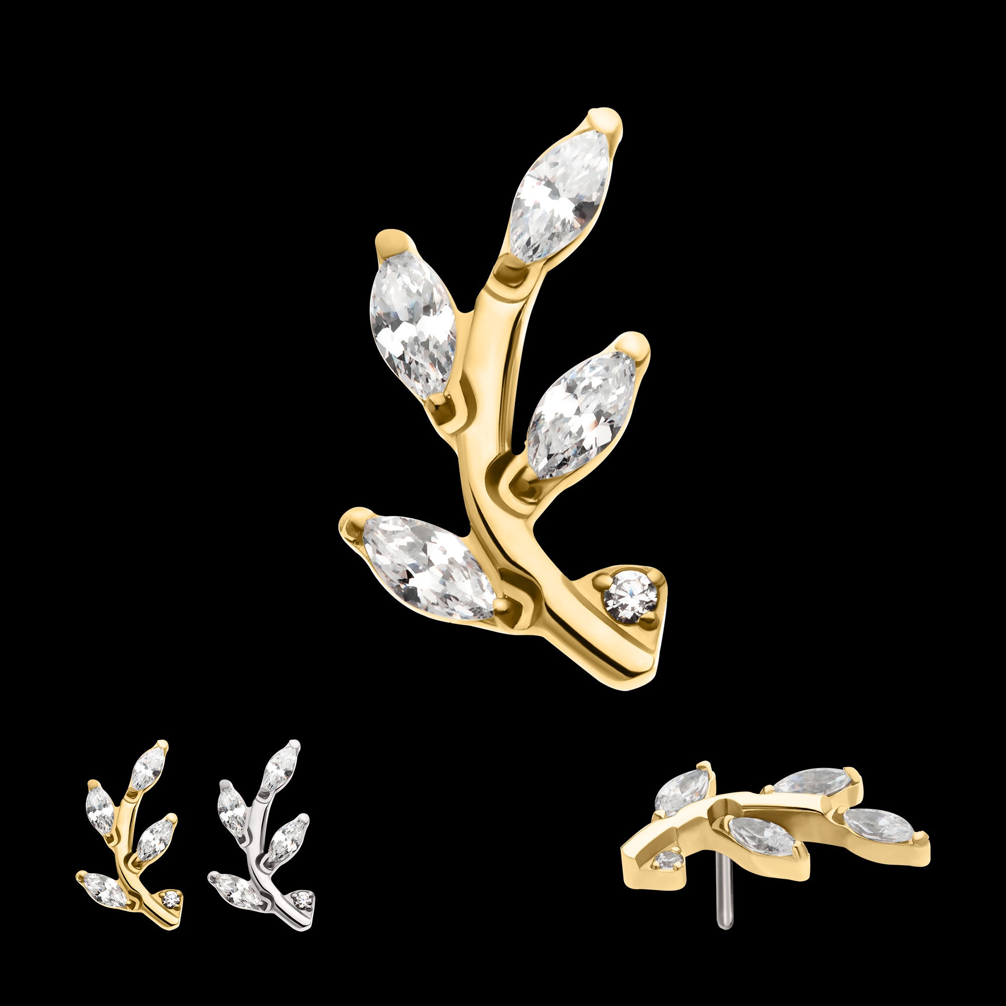 Leaf with Prong Set Marquise Gem Flatback Stud Earring / Nosering - Gem in 14Kt Gold