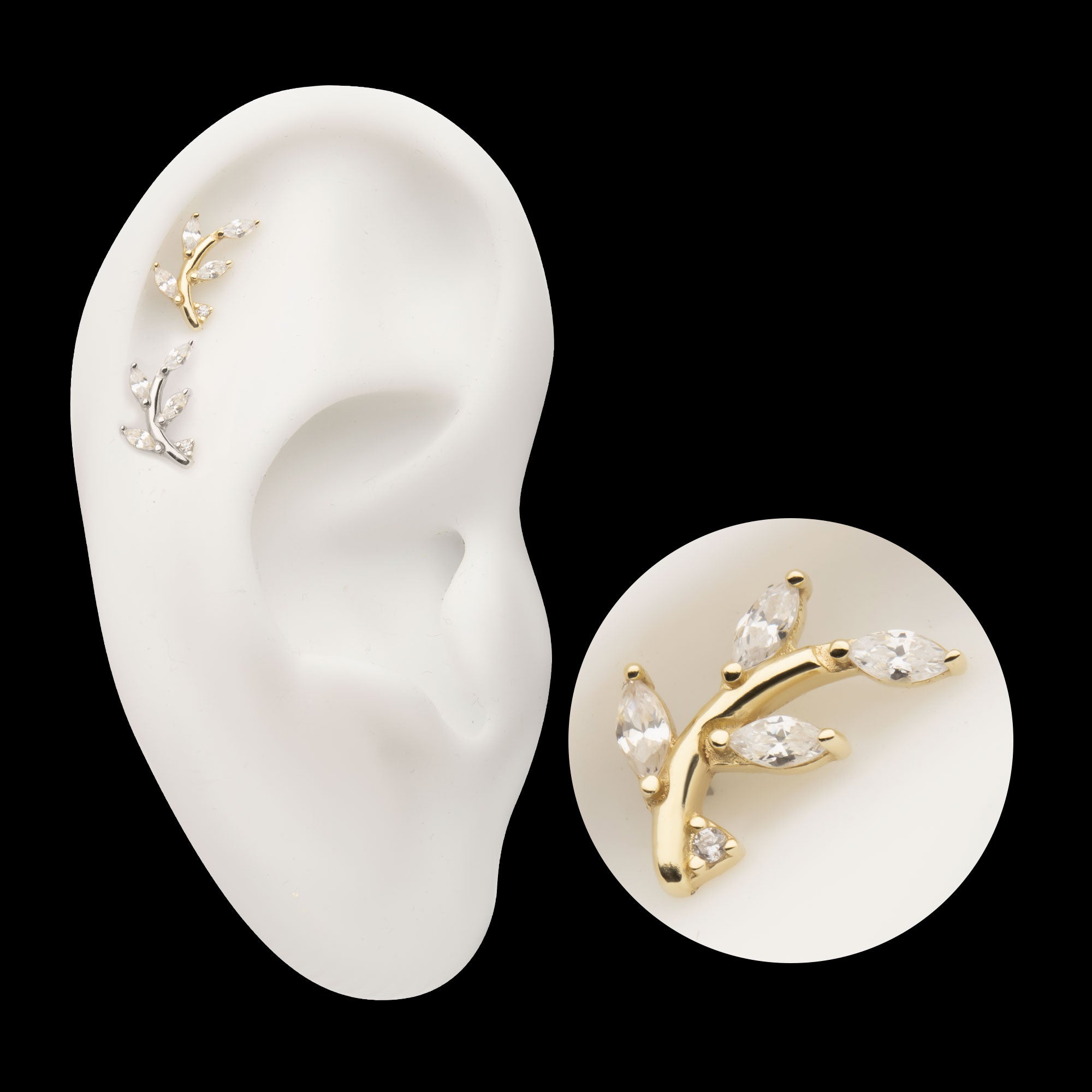 Leaf with Prong Set Marquise Gem Flatback Stud Earring / Nosering - Gem in 14Kt Gold