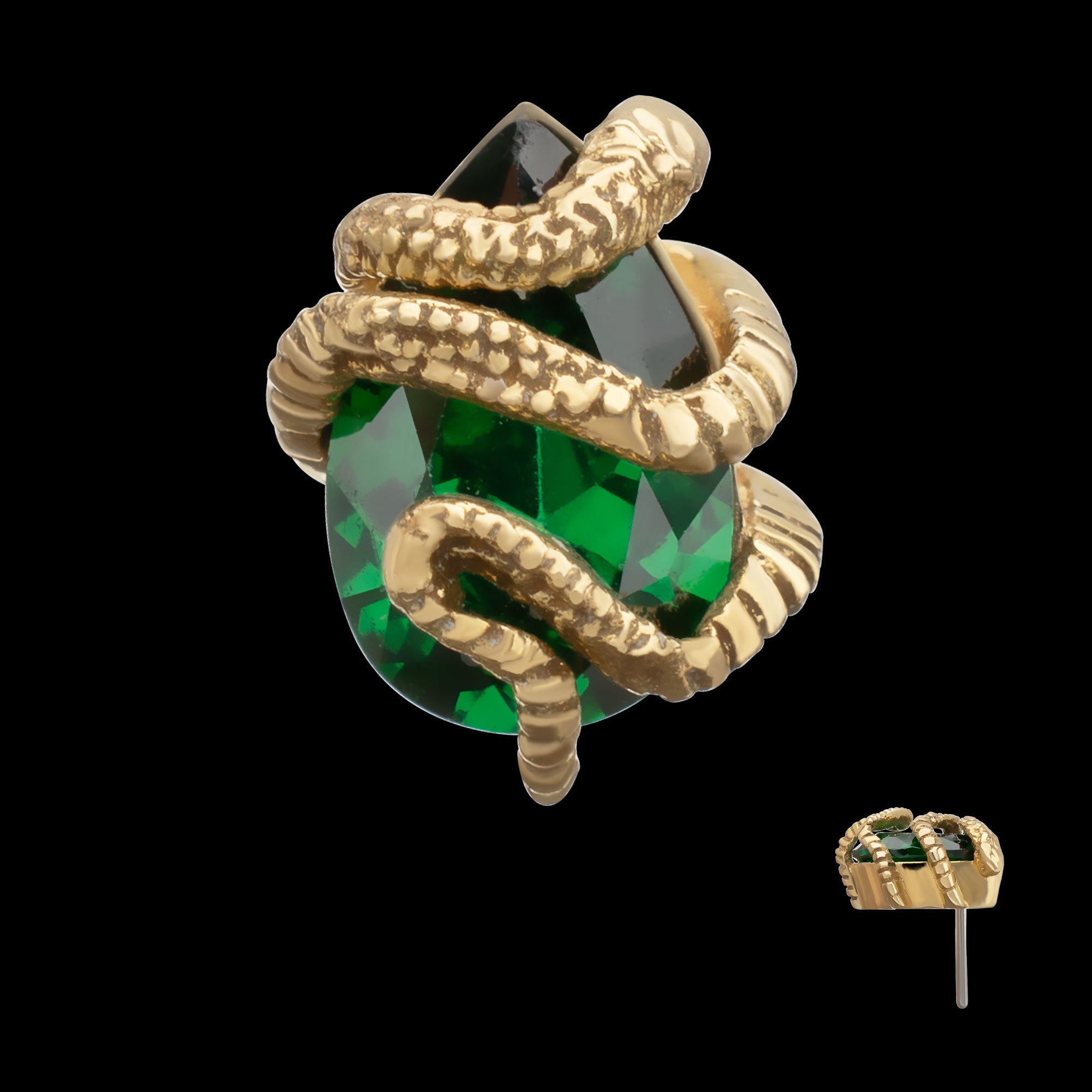 Serpent Wrapped on Teardrop Emerald Flatback Stud Earring / Nosering - 14Kt Yellow Gold