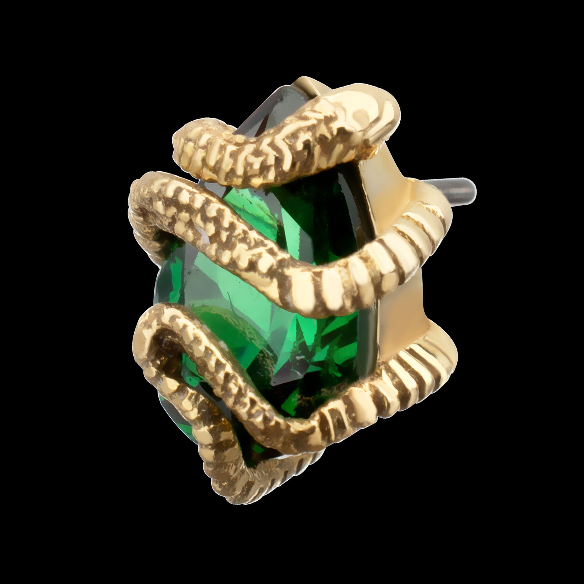 Serpent Wrapped on Teardrop Emerald Flatback Stud Earring / Nosering - 14Kt Yellow Gold