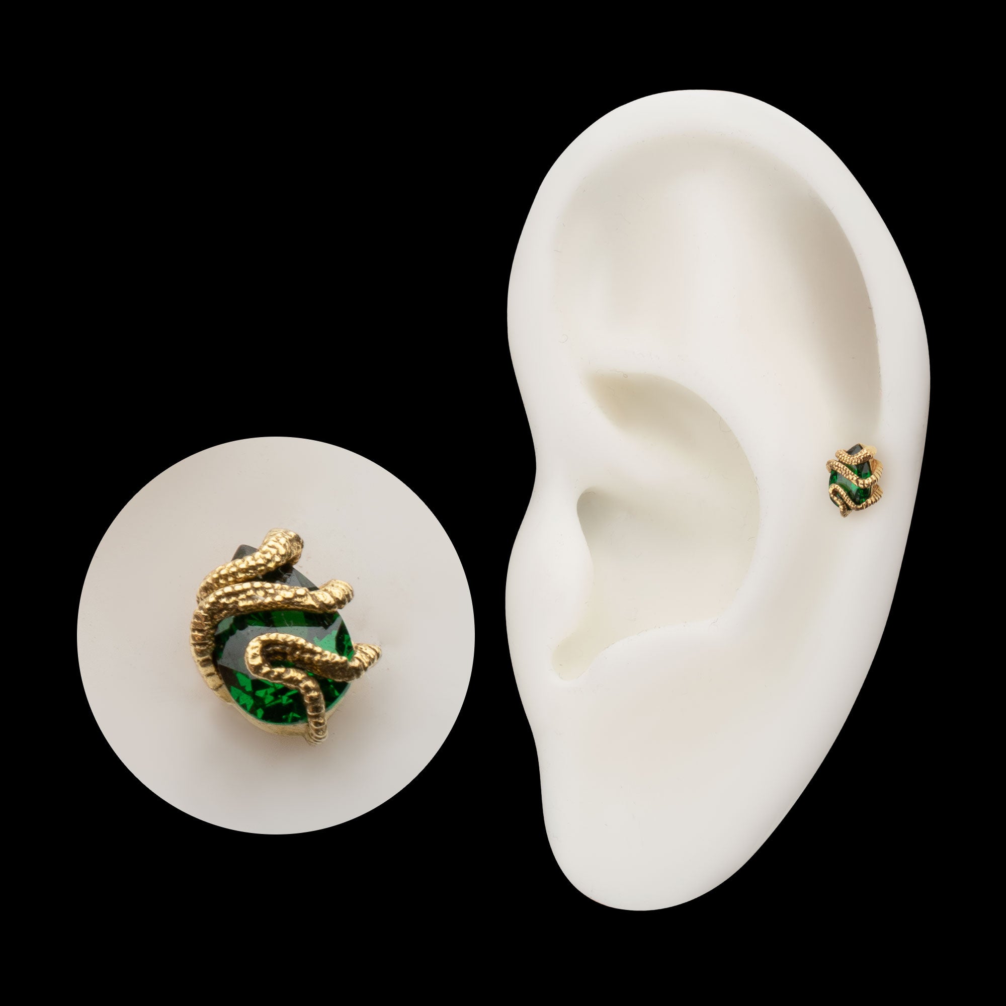 Serpent Wrapped on Teardrop Emerald Flatback Stud Earring / Nosering - 14Kt Yellow Gold