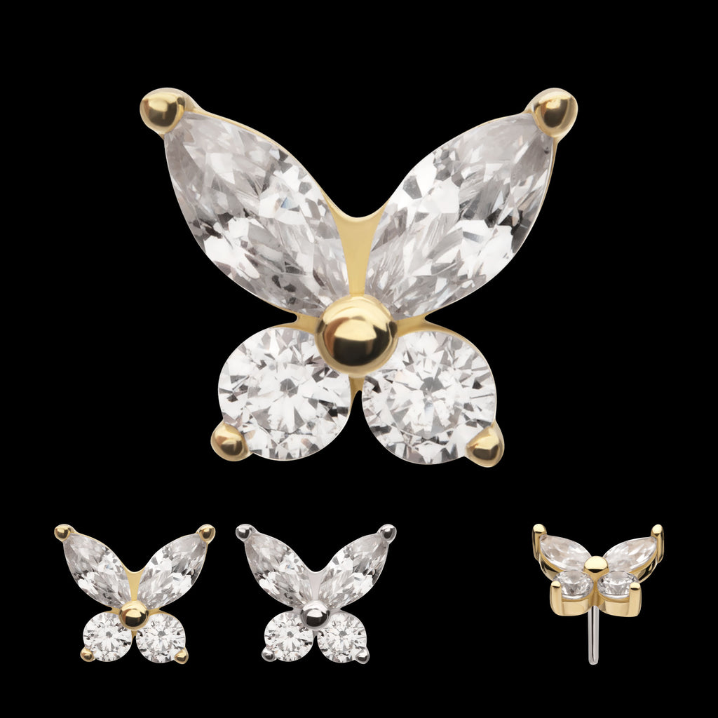Butterfly with Prong Set Round & Marquise Gem Flatback Stud Earring / Nosering - Gem in 14Kt Gold