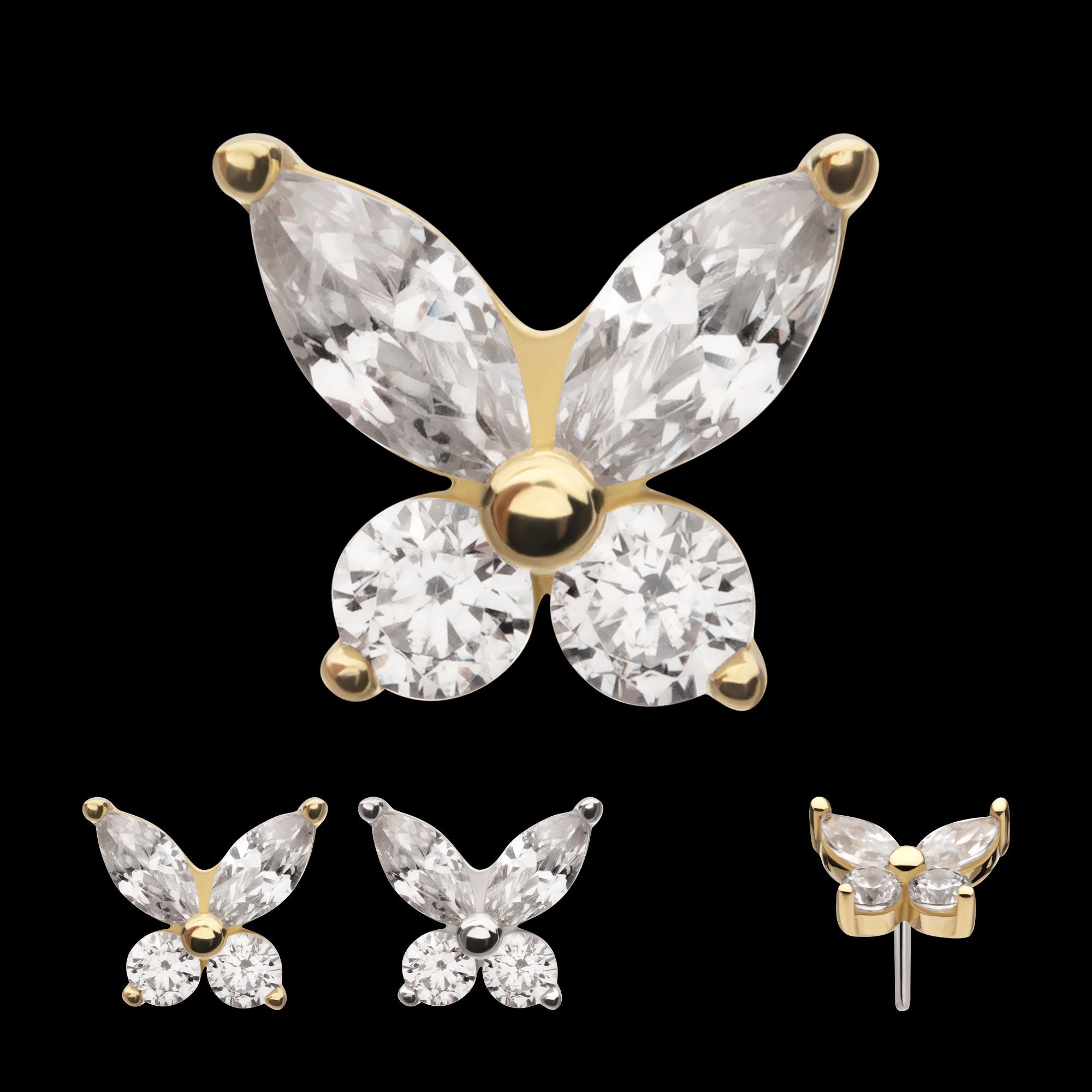 Butterfly with Prong Set Round & Marquise Gem Flatback Stud Earring / Nosering - Gem in 14Kt Gold