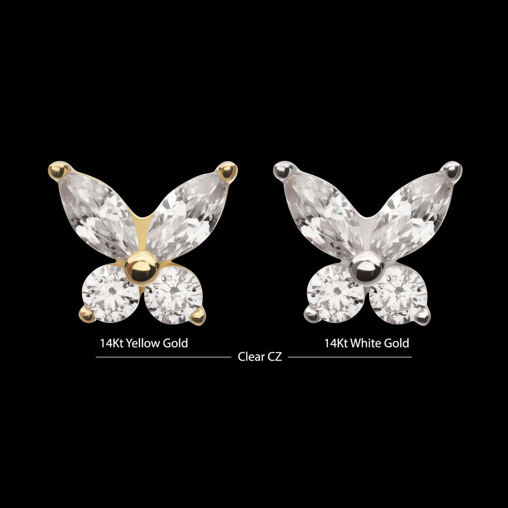 Butterfly with Prong Set Round & Marquise Gem Flatback Stud Earring / Nosering - Gem in 14Kt Gold