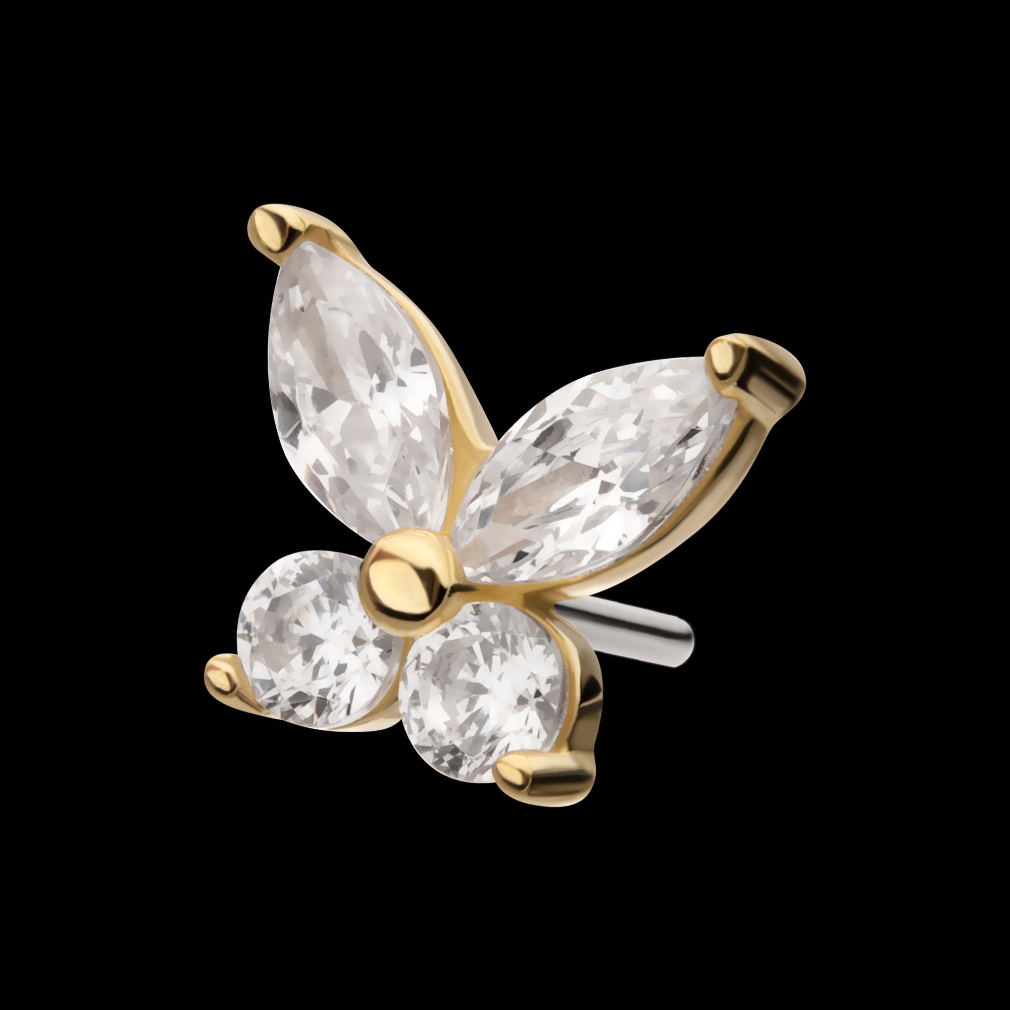 Butterfly with Prong Set Round & Marquise Gem Flatback Stud Earring / Nosering - Gem in 14Kt Gold