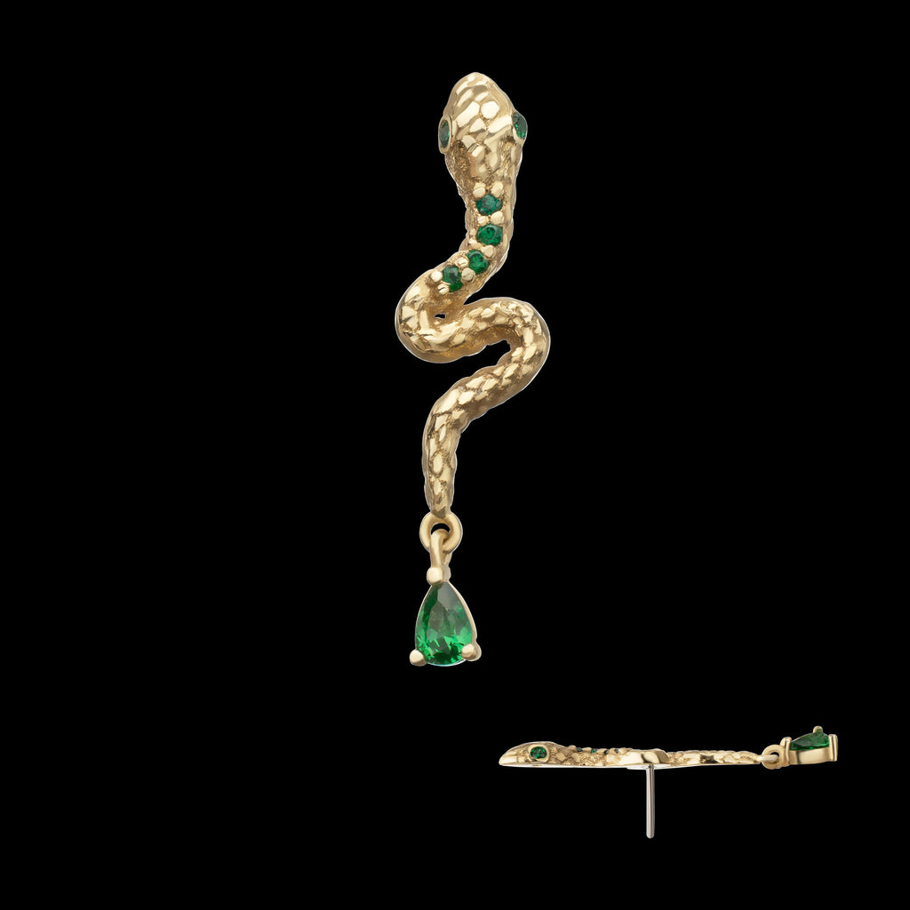 Enchanted Serpent with Teardrop Emerald Dangle Flatback Stud Earring / Nosering - 14Kt Yellow Gold