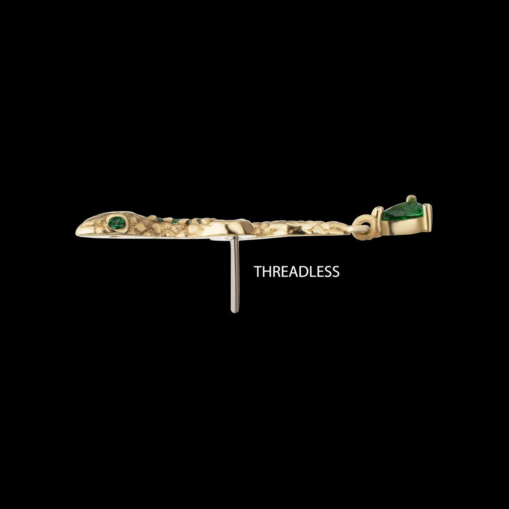 Enchanted Serpent with Teardrop Emerald Dangle Flatback Stud Earring / Nosering - 14Kt Yellow Gold