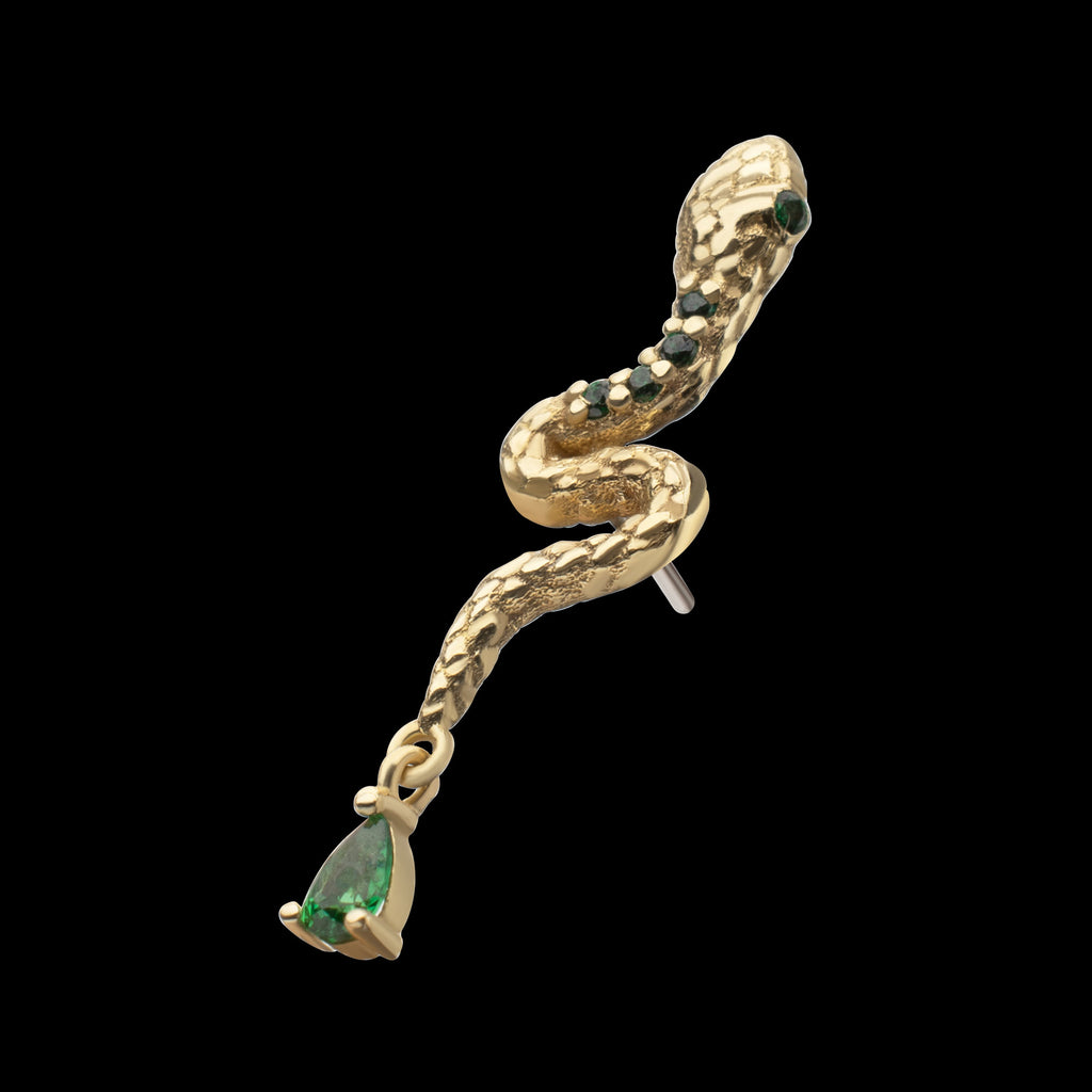 Enchanted Serpent with Teardrop Emerald Dangle Flatback Stud Earring / Nosering - 14Kt Yellow Gold
