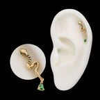 Enchanted Serpent with Teardrop Emerald Dangle Flatback Stud Earring / Nosering - 14Kt Yellow Gold