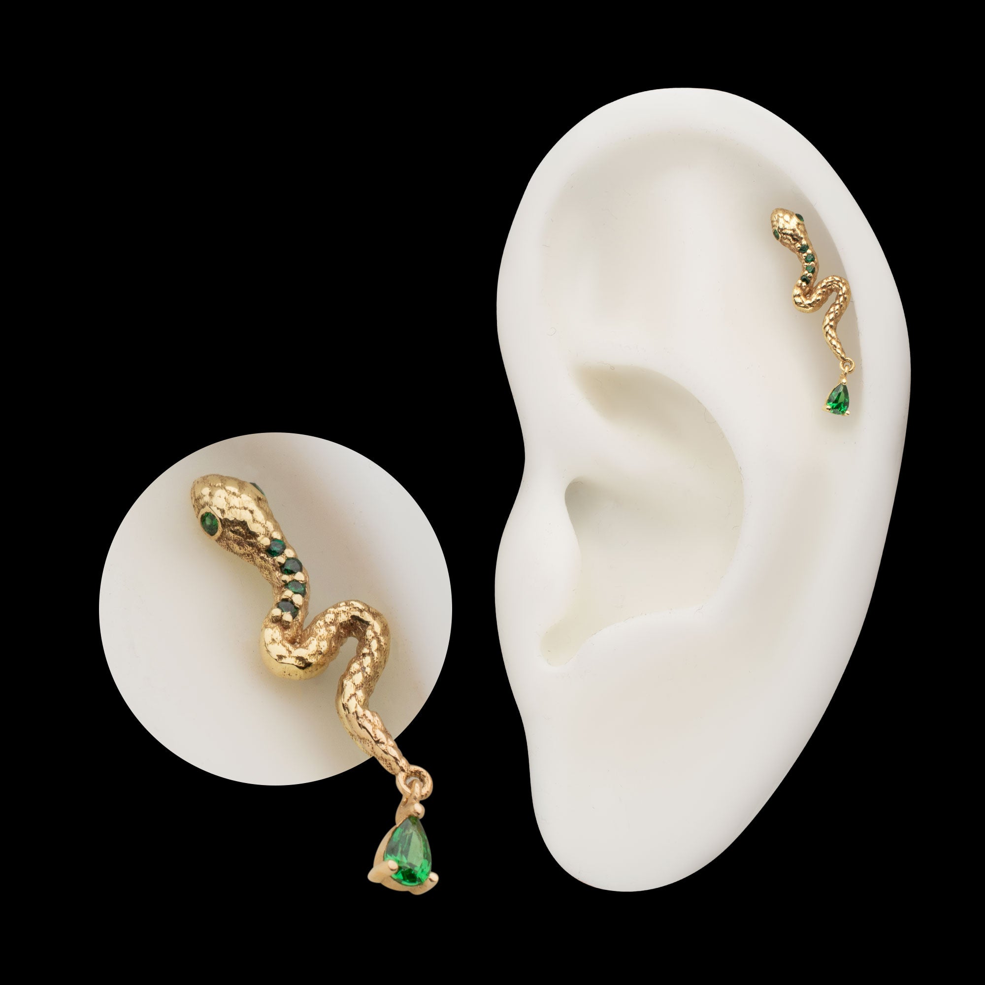 Enchanted Serpent with Teardrop Emerald Dangle Flatback Stud Earring / Nosering - 14Kt Yellow Gold