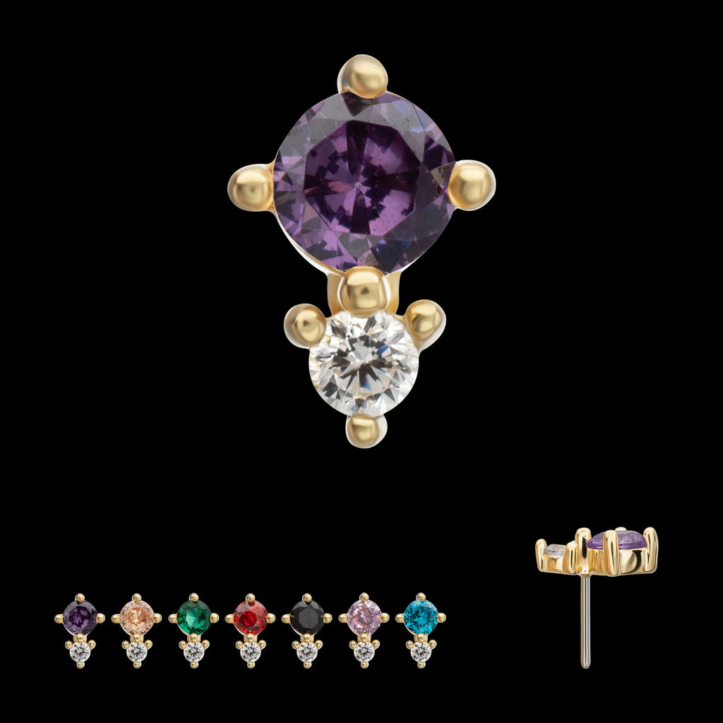 Double Round Prong Set Multi-Gem Flatback Stud Earring / Nosering - Gem in 14Kt Yellow Gold