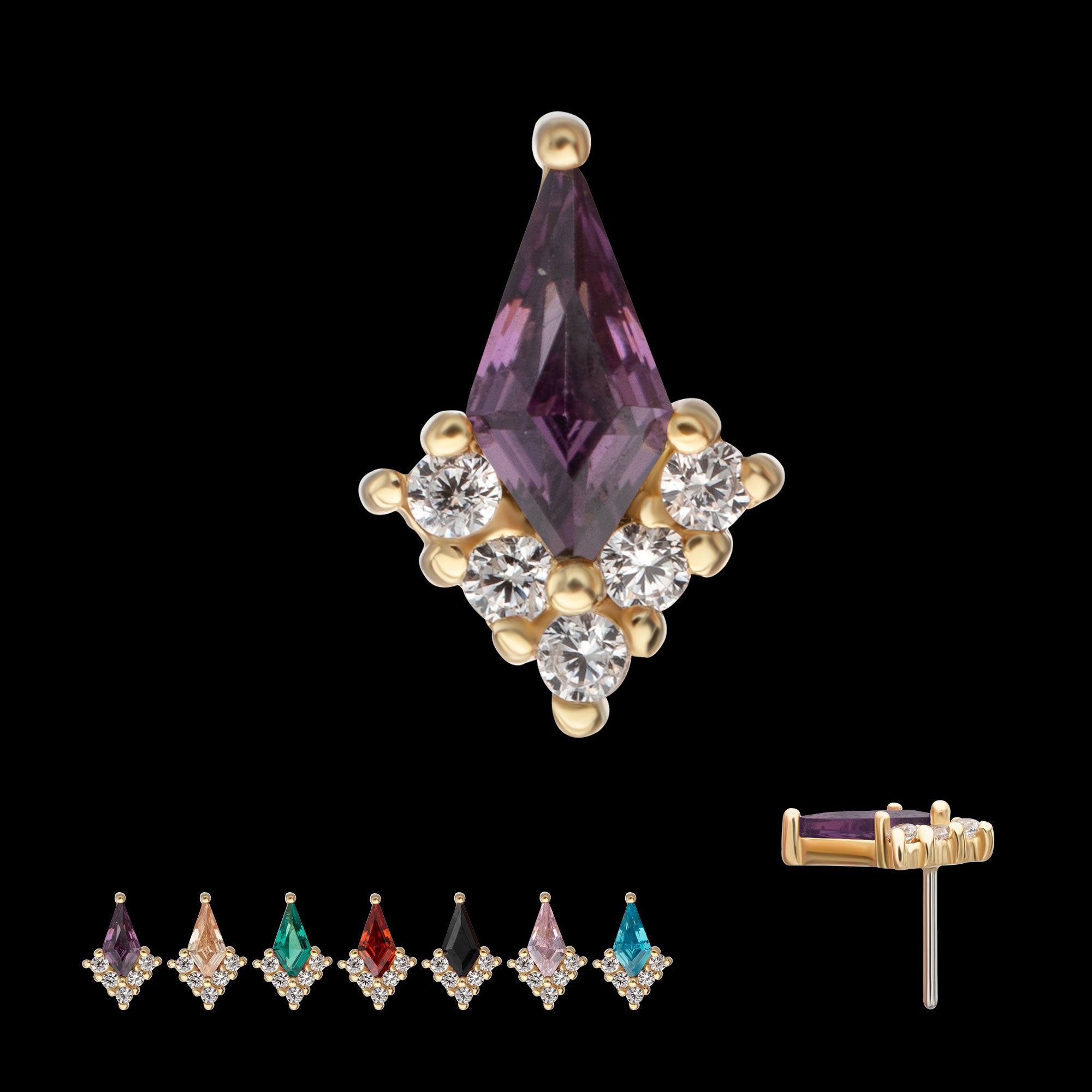 Kite Shape & Round Prong Set Multi-Gem Flatback Stud Earring / Nosering - Gem in 14Kt Yellow Gold