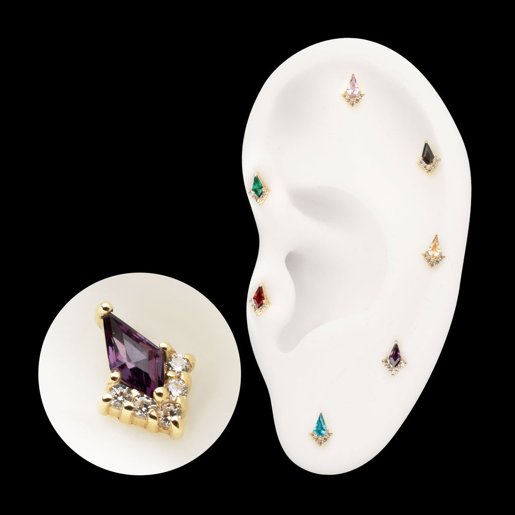 Kite Shape & Round Prong Set Multi-Gem Flatback Stud Earring / Nosering - Gem in 14Kt Yellow Gold