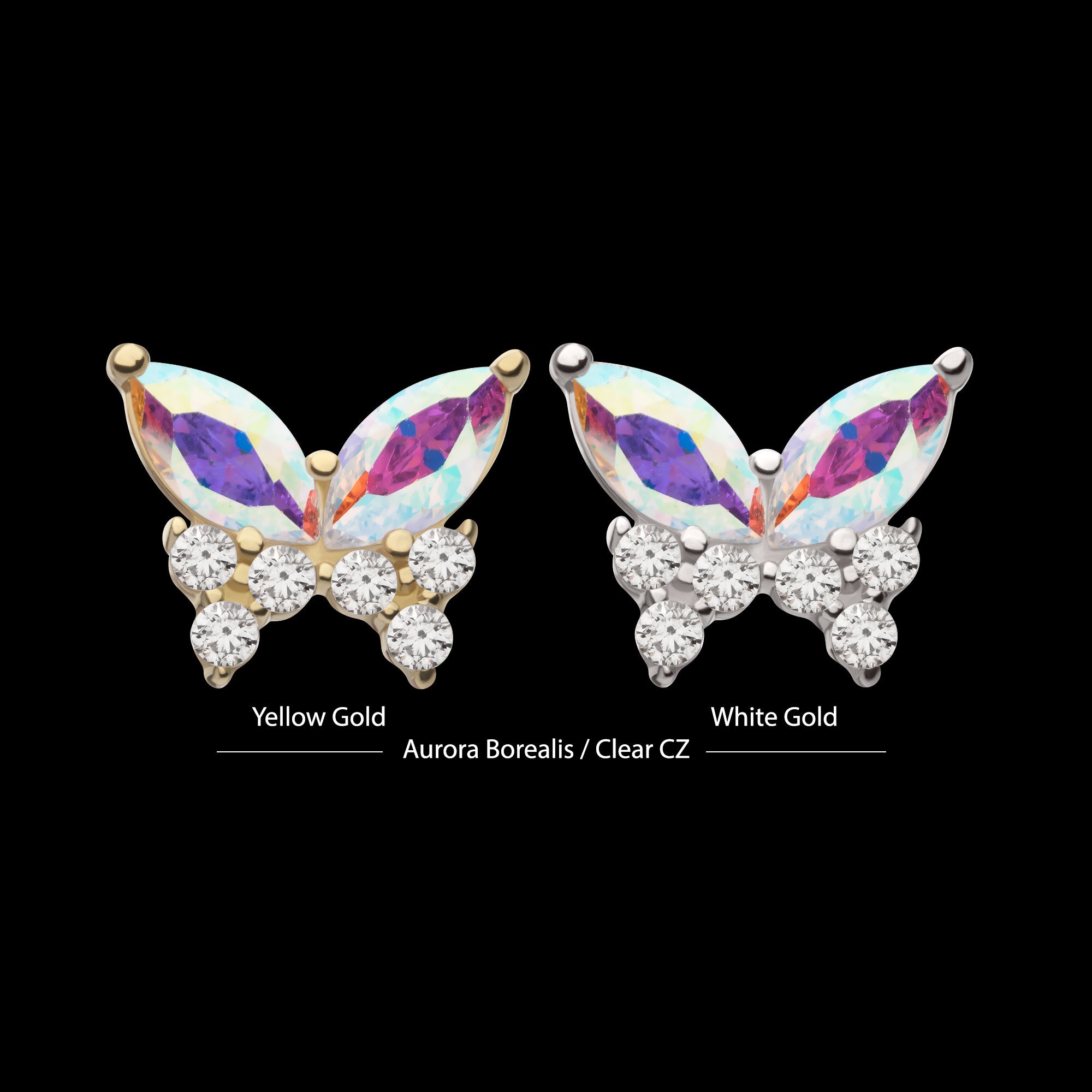 Butterfly with Prong Set Double Marquise & Triple Round Gem Flatback Stud Earring / Nosering - Gem in 14Kt Gold