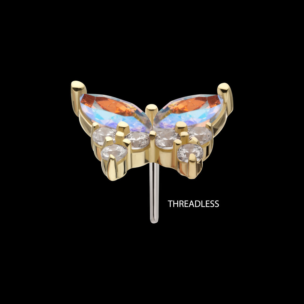 Butterfly with Prong Set Double Marquise & Triple Round Gem Flatback Stud Earring / Nosering - Gem in 14Kt Gold
