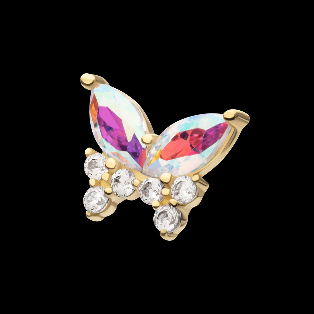 Butterfly with Prong Set Double Marquise & Triple Round Gem Flatback Stud Earring / Nosering - Gem in 14Kt Gold