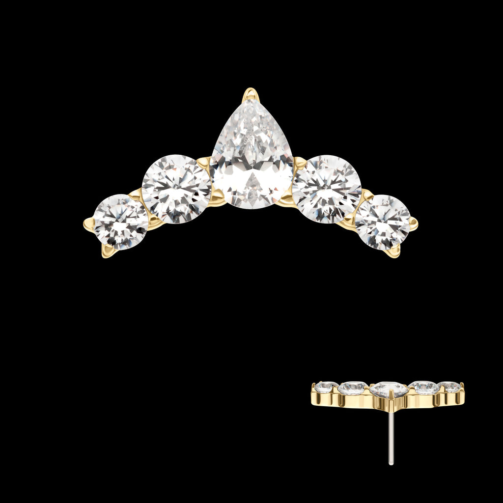 14Kt Yellow Curved Bar with 5-Cluster Round & Teardrop Gem Flatback Stud Earring / Nosering