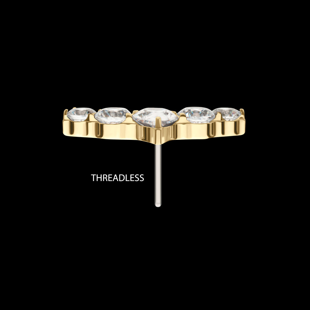 14Kt Yellow Curved Bar with 5-Cluster Round & Teardrop Gem Flatback Stud Earring / Nosering