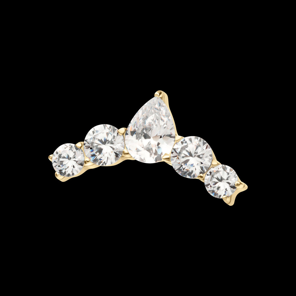 14Kt Yellow Curved Bar with 5-Cluster Round & Teardrop Gem Flatback Stud Earring / Nosering
