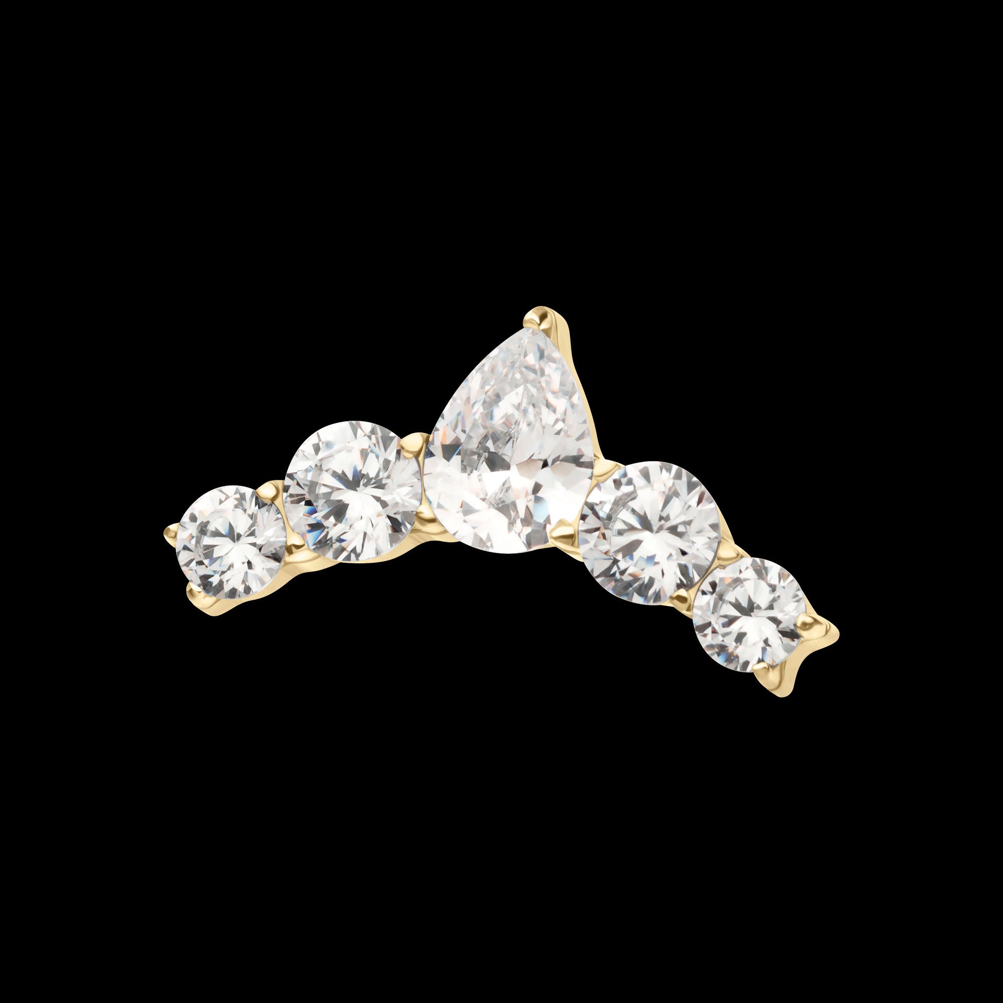 14Kt Yellow Curved Bar with 5-Cluster Round & Teardrop Gem Flatback Stud Earring / Nosering